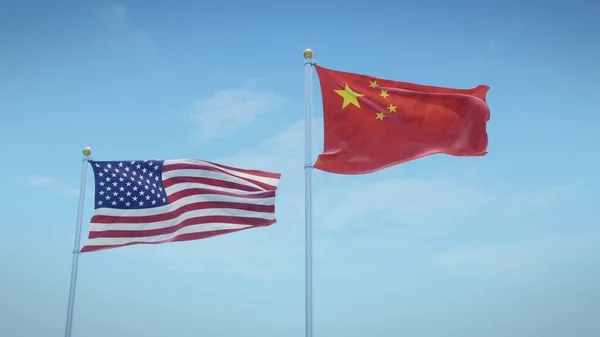 Flags of the USA and China against blue sky backdrop. 3d rendering