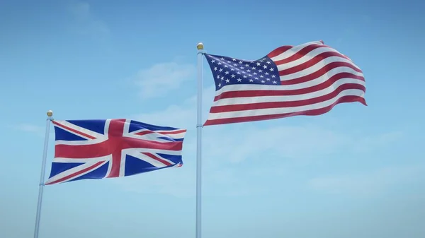 Bandeiras Reino Unido Dos Eua Contra Cenário Céu Azul Renderização — Fotografia de Stock