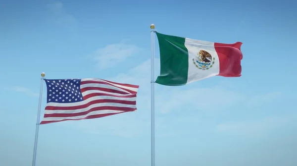 Flags of the USA and Mexico against blue sky backdrop. 3d rendering
