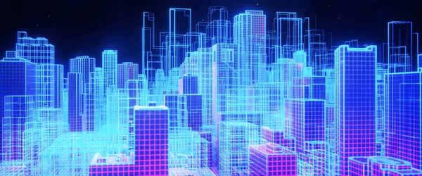 Koncepcja Budowy Wirtualnego Miasta Holograficznymi Wieżowcami Metawertyczną Lub Rozszerzoną Rzeczywistość — Zdjęcie stockowe