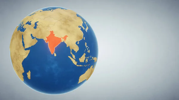 地球与印度的国家突出红色 3D插图 — 图库照片