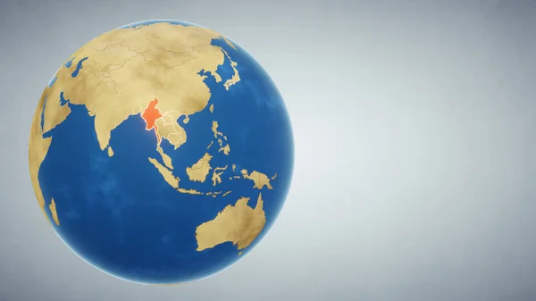 地球与缅甸的国家突出红色 3D插图 — 图库照片