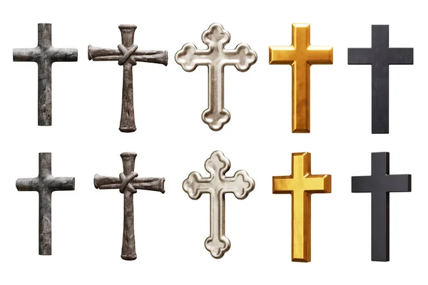 Set Croci Cristiane Vari Stili Materiali Isolati Sfondo Bianco Rendering — Foto Stock