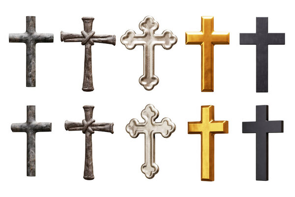 Set of Christian crosses in various styles and materials isolated on white background. 3D rendering