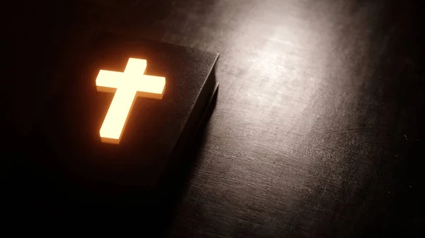 Cruz Cristiana Iluminada Apoyada Biblia Cerrada — Foto de Stock