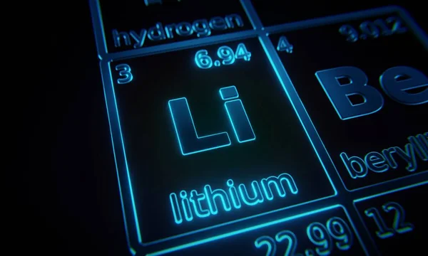 元素の周期表に照らされた化学元素リチウムに焦点を当てます 3Dレンダリング — ストック写真