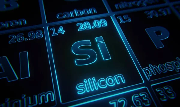 Focus Chemical Element Silicon Illuminated Periodic Table Elements Rendering — Stock Photo, Image