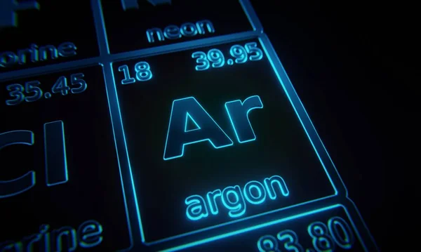 元素の周期表に照らされたアルゴンに焦点を当てます 3Dレンダリング — ストック写真