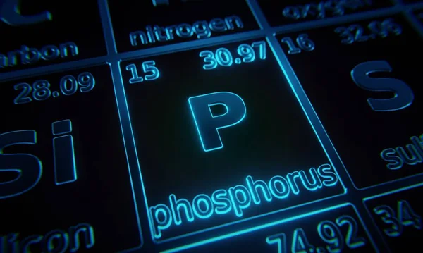 Phosphorus 초점을 맞추어 주기율표에서 조명된다 렌더링 — 스톡 사진