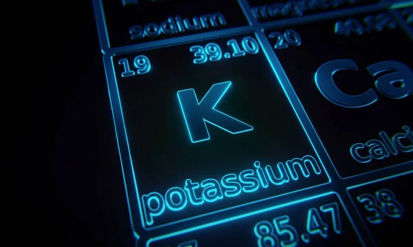Fokus Kemiska Grundämnen Kalium Som Belyses Periodiska Tabeller Över Grundämnen — Stockfoto