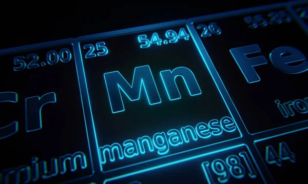 Foco Elemento Químico Manganês Iluminado Tabela Periódica Elementos Renderização — Fotografia de Stock