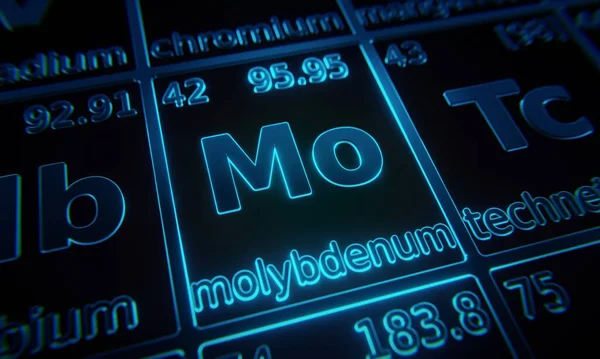 원소인 몰리브덴 Molybdenum 초점을 맞추어 주기율표에서 조명한다 렌더링 — 스톡 사진