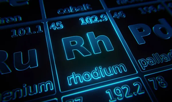 Εστίαση Στο Χημικό Στοιχείο Rhodium Φωτισμένο Περιοδικό Πίνακα Στοιχείων Απόδοση — Φωτογραφία Αρχείου