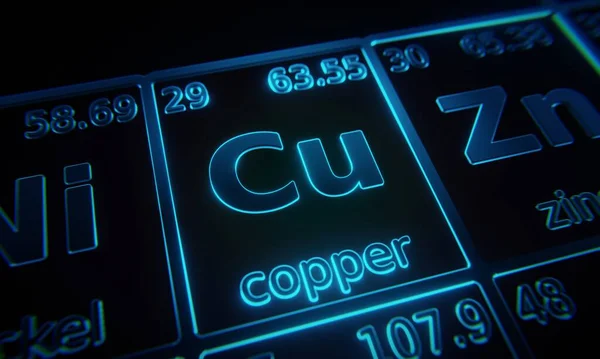 Focus Chemical Element Copper Illuminated Periodic Table Elements Rendering — Stock Photo, Image