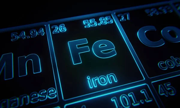 Focus Sull Elemento Chimico Ferro Illuminato Tavola Periodica Degli Elementi — Foto Stock
