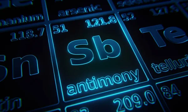 Focus Chemical Element Antimony Illuminated Periodic Table Elements Rendering — Stock Photo, Image