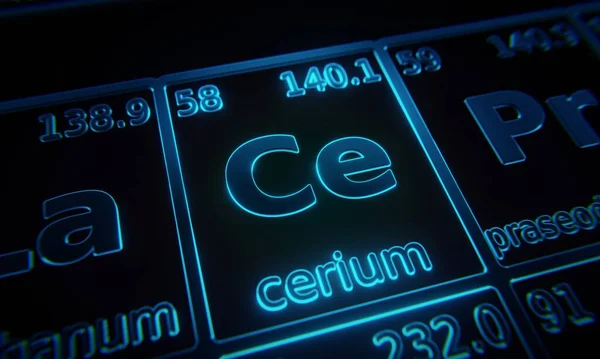 元素の周期表に照らされた化学元素のセリウムに焦点を当てます 3Dレンダリング — ストック写真