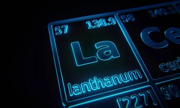 元素の周期表に照らされた化学元素Lanthanumに焦点を当てます 3Dレンダリング — ストック写真