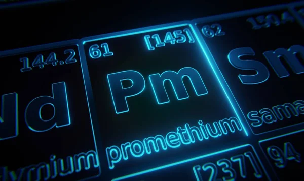 Fokus Det Kemiska Elementet Prometium Som Belyses Periodiska Tabeller Över — Stockfoto