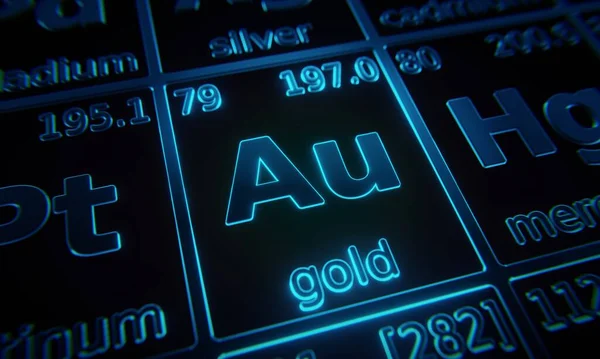 Focus Chemical Element Gold Illuminated Periodic Table Elements Rendering — Stock Photo, Image