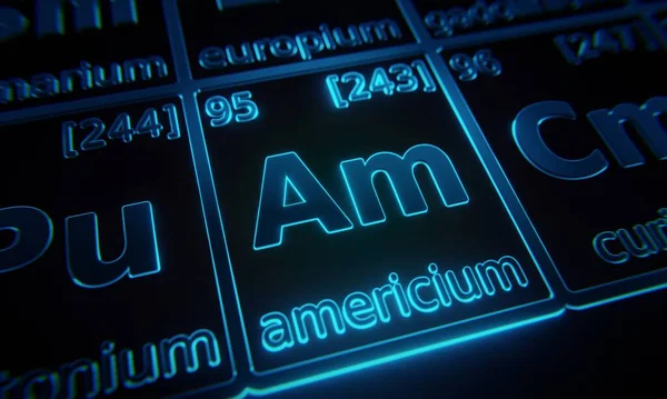 Skup Się Pierwiastku Chemicznym Americium Oświetlonym Układzie Okresowym Pierwiastków Renderowanie — Zdjęcie stockowe