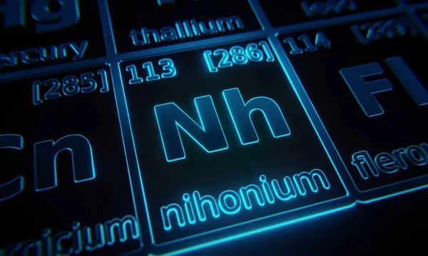 Focus Chemical Element Nihonium Illuminated Periodic Table Elements Rendering — Stock Photo, Image