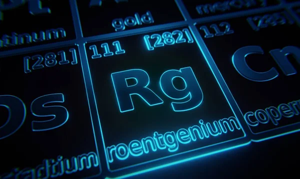 元素の周期表に照らされた化学元素Roentgeniumに焦点を当てます 3Dレンダリング — ストック写真