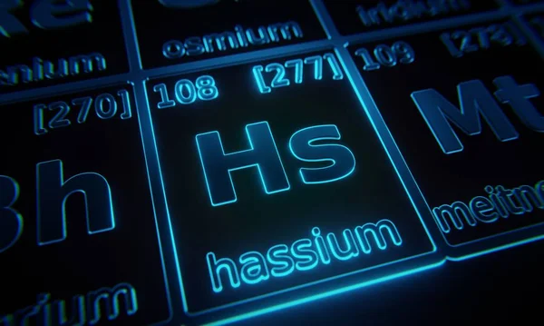 Skup Się Pierwiastku Chemicznym Hassium Oświetlone Układzie Okresowym Pierwiastków Renderowanie — Zdjęcie stockowe