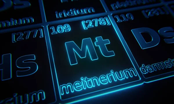 Skup Się Pierwiastku Chemicznym Meitnerium Oświetlonym Układzie Okresowym Pierwiastków Renderowanie — Zdjęcie stockowe
