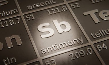 Periyodik elementler tablosundaki kimyasal element Antimon 'un altını çiz. 3B görüntüleme