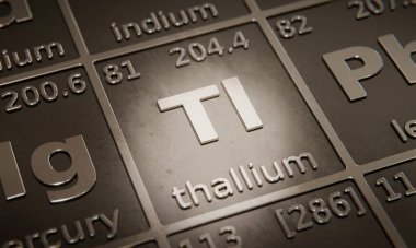 Elementlerin periyodik tablosundaki kimyasal element Thallium 'u vurgula. 3B görüntüleme