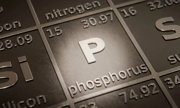 Highlight on chemical element Phosphorus in periodic table of elements. 3D rendering