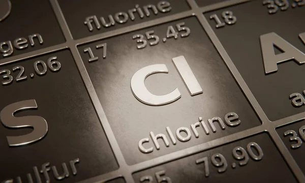Highlight on chemical element Chlorine in periodic table of elements. 3D rendering