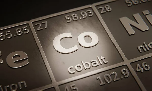 Highlight on chemical element Cobalt in periodic table of elements. 3D rendering