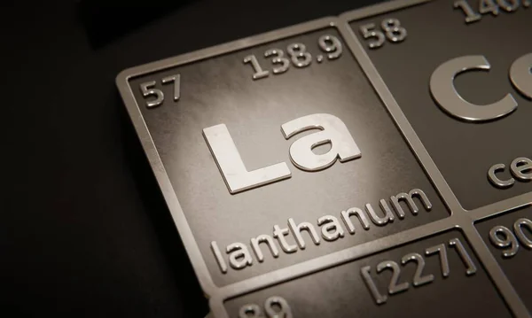 Highlight on chemical element Lanthanum in periodic table of elements. 3D rendering