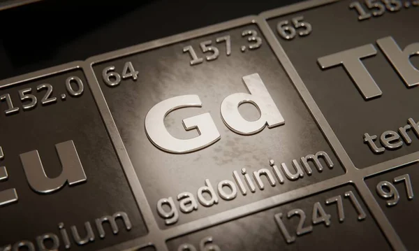 Highlight on chemical element Gadolinium in periodic table of elements. 3D rendering