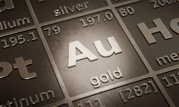 Highlight on chemical element Gold in periodic table of elements. 3D rendering