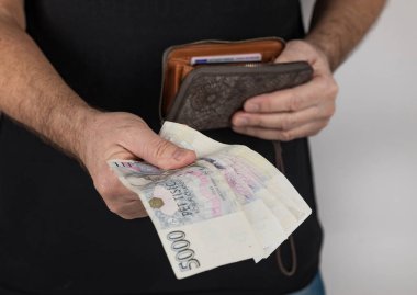 Çek banknotları bir tüccarın elindeki vantilatörde. Finansal konsept. Çek para biriminde finansal konsept. iş, finans, tasarruf ve nakit konsepti - Avro kağıt para ve madeni paralara yakın