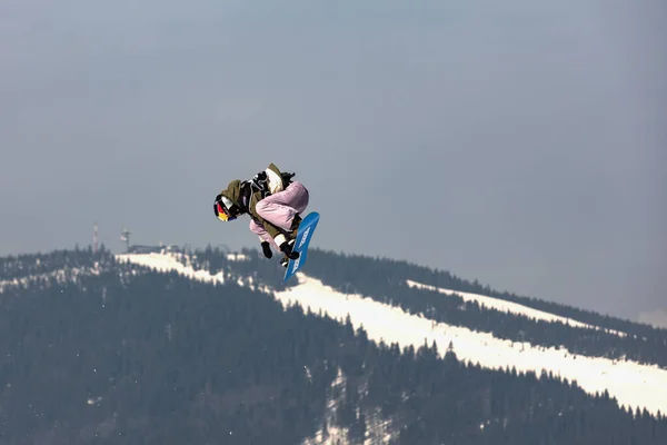 Spindleruv Mlyn Czech Republic 18Th March 2022 Snowboarder Jumping Blue — ストック写真