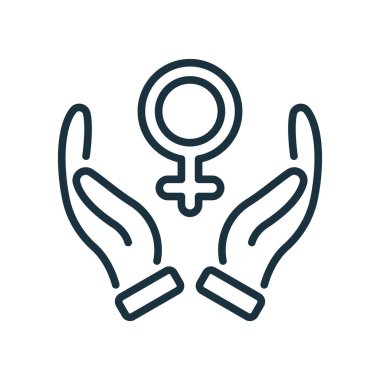 Kadın Hattı Simgesinin Korunması. Kadın Cinsiyet Sembollü Avuç İçleri Aç. Kadın Cinsiyet Doğrusal Simgesinin Korunması ve Korunması. Düzenlenebilir Vuruş. İzole Vektör İllüstrasyonu