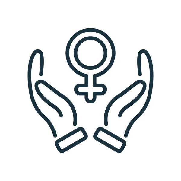 Icono de la línea de protección de las mujeres. Palmeras abiertas con símbolo de género femenino. Icono Lineal de Género Seguro y Protección de la Mujer. Trazo Editable. Ilustración vectorial aislada — Vector de stock