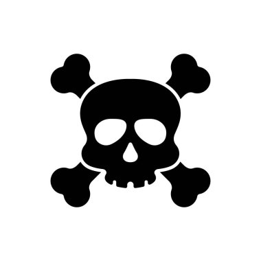 Cadılar Bayramı Silueti Simgesi Kutlaması için Crossbones 'la Siyah Kafatası. Çapraz Kemik Çizgili İskelet Surat Pictogram. Tehlike, Zehir, Zehir, Biyolojik Tehlike Konsepti Simgesi. İzole Vektör İllüstrasyonu