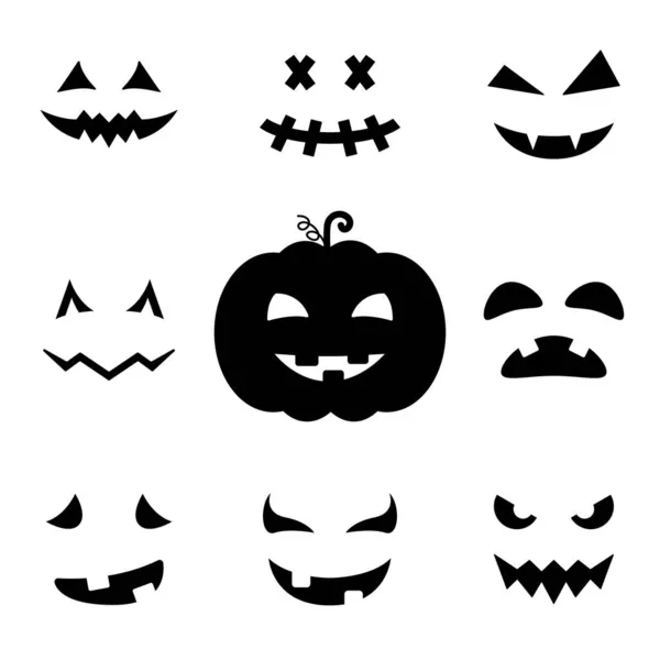 Caras assustadoras e engraçadas para o ícone de silhueta de abóbora de Halloween. Halloween Horror Emotions Icon. Spooky Faces of Ghost Glyph Pictogram. Ilustração Vectorial Isolada —  Vetores de Stock