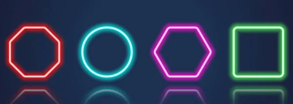 Bingkai Neon bersinar pada Latar Belakang Biru Gelap. Bingkai dengan Batas Berwarna Neon dalam Bentuk Geometrik yang berbeda. Kumpulan Frame Neon Shiny dengan Efek Refleksi. Ilustrasi Vektor Terisolasi - Stok Vektor