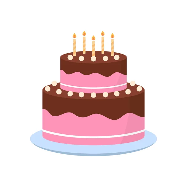 Ροζ χαριτωμένο κέικ με παγωμένη κρέμα σοκολάτας στο πιάτο για γενέθλια, επέτειο, γάμο. Πολύχρωμο γλυκό νόστιμο αρτοποιείο. Νόστιμο κέικ με κεριά για πάρτι γενεθλίων. Μεμονωμένη απεικόνιση διανύσματος — Διανυσματικό Αρχείο