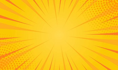 Yarıtonlu Parlak Sarı Pop Art Arkaplanı. Pop Art karikatür tarzında modern Sunny Arkaplanı. Güneş patlamalı soyut desenli Vintage Duvar kağıdı. Vektör İllüstrasyonu