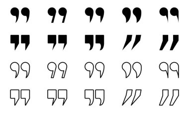 Tırnak işareti ve siluet simgesi seti. Beyaz Arkaplanda İşaret Sembolleri Koleksiyonu 'ndan alıntı yap. Noktalama Simgesi Konuşma. Çift virgül tırnak işareti. İzole Vektör İllüstrasyonu