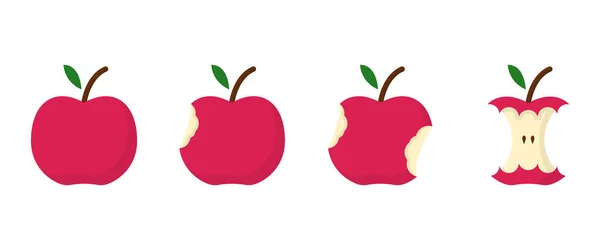 Apple Biss Bühnenkonzept. Set von roten Äpfeln mit Blatt auf weißem Hintergrund. Schritt des Verzehrs von Apple von ganz auf die Hälfte und Kern. Gesunde frische Bio-Lebensmittel. Isolierte Vektorillustration — Stockvektor