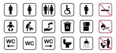 Tuvalet Odası Siluet Simgesi. WC işareti seti. Banyo, Piktogram Tuvaleti. Engelliler için umumi tuvalet, erkek, kadın, transseksüel. Anne ve Bebek Odası. Sigara içilmez işareti. Vektör İllüstrasyonu