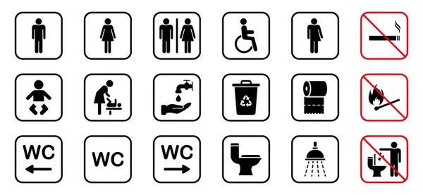 Toilettenraum Silhouette Icon. WC-Schilder vorhanden. Badezimmer, Toilettenpiktogramm. Öffentliche Waschräume für Behinderte, Männer, Frauen, Transgender. Mutter-Kind-Zimmer. Rauchverbot. Vektorillustration — Stockvektor